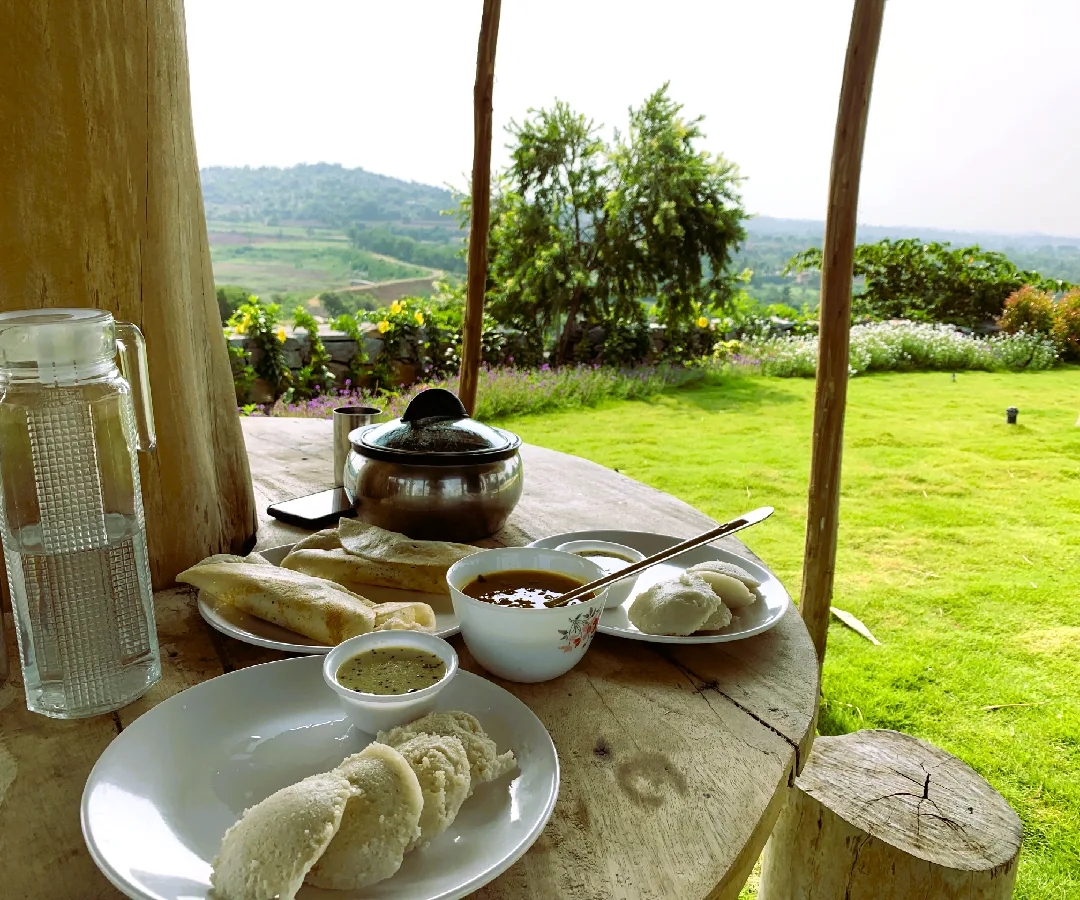 Idli and sambar served on a table at the farm