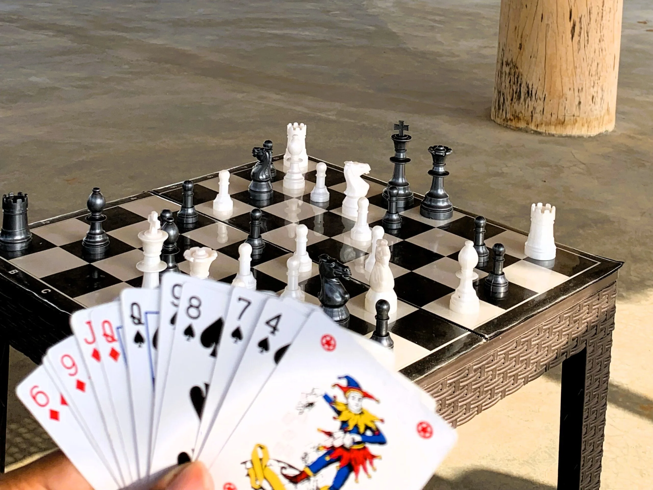 Chess and card games on the cottage veranda